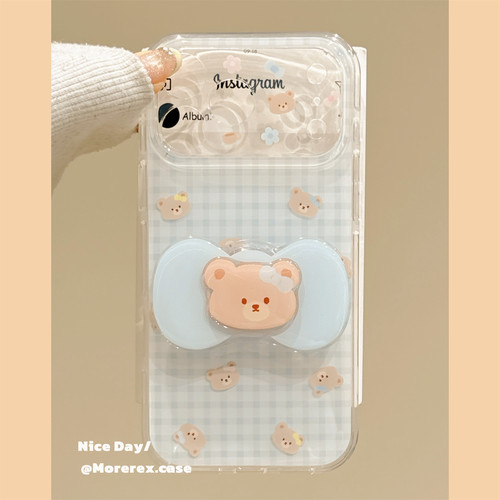 MoreRex ins可爱蓝格纹蝴蝶结小熊支架适用苹果17手机壳iphone16promax新款17pro全包14防摔保护套13女15磨砂