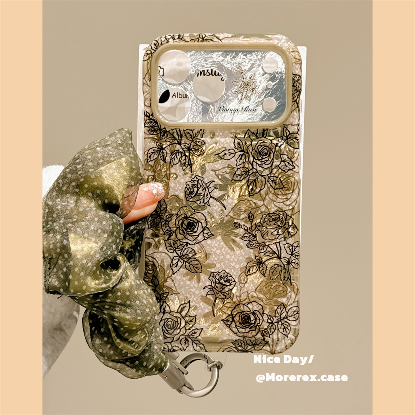MoreRex法式复古黑金线条玫瑰带挂绳适用苹果18手机壳iphone17promax新款18pro气质15全包防摔保护套14女款16