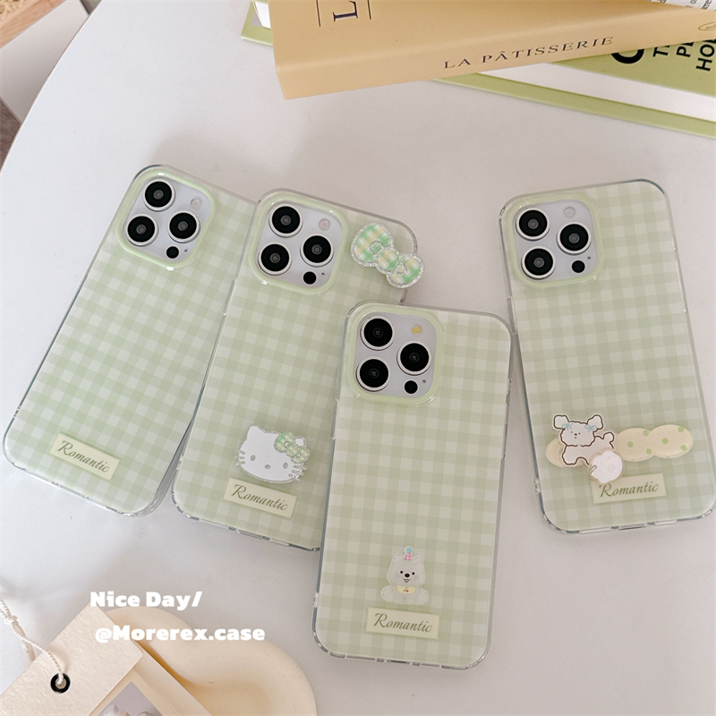 夏天小清新绿格纹KT猫西高地适用苹果16pro手机壳iphone15保护套14双层13新款16promax女款小众15pro防摔外壳