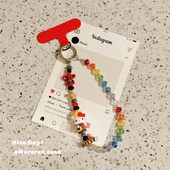 ins手机链挂绳彩虹水晶手腕式 手链超可爱kt猫挂链甜妹少女心卡通链条防丢钥匙扣挂件包包挂饰高级彩色串珠壳