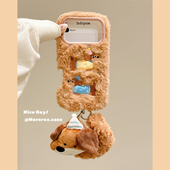 MoreRex 17女款 秋冬棕色毛绒刺绣腊肠狗带挂绳适用苹果17手机壳iphone16promax新款 15pro可爱14防摔保护套13