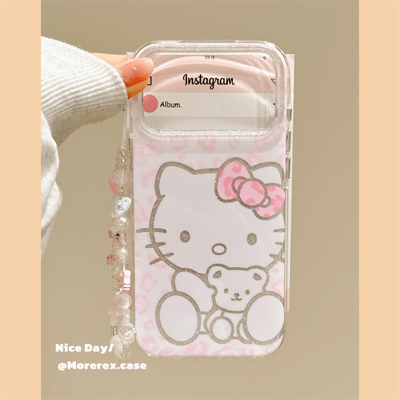 MoreRex细闪粉色豹纹哈喽KT小熊适用苹果17手机壳iphone16promax新款15pro带链条14防摔保护套13双层17女超火