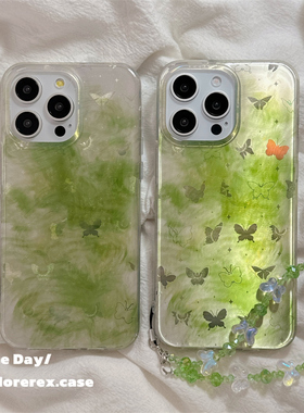 韩系ins小清新绿色镭射蝴蝶适用苹果16pro手机壳iphone15保护套14双层13新款16promax女款15promax12防摔外壳