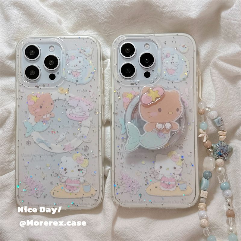 亮闪闪美人鱼kitty猫支架适用苹果16pro磁吸手机壳iphone15保护套14带挂绳13新款16promax女15pro/12防摔外壳