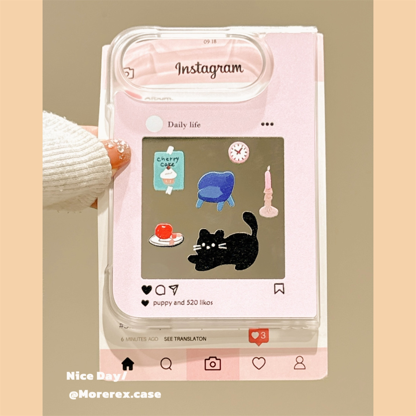 MoreRex日韩粉色镜面相框猫咪插画适用苹果Duo手机壳折叠屏iphone Duo中轴保护新款创意duo防摔保护套DUO女款