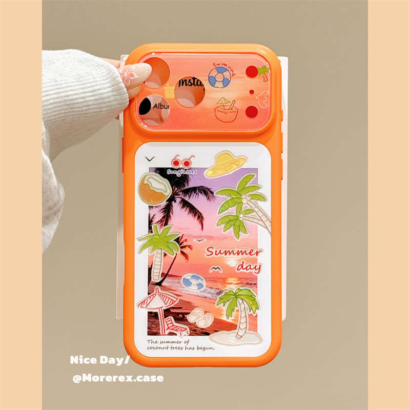 MoreRex 橙色ins夏日海边椰树氛围感插画适用苹果17手机壳iphone16promax新款17pro大视窗14防摔保护套13女15