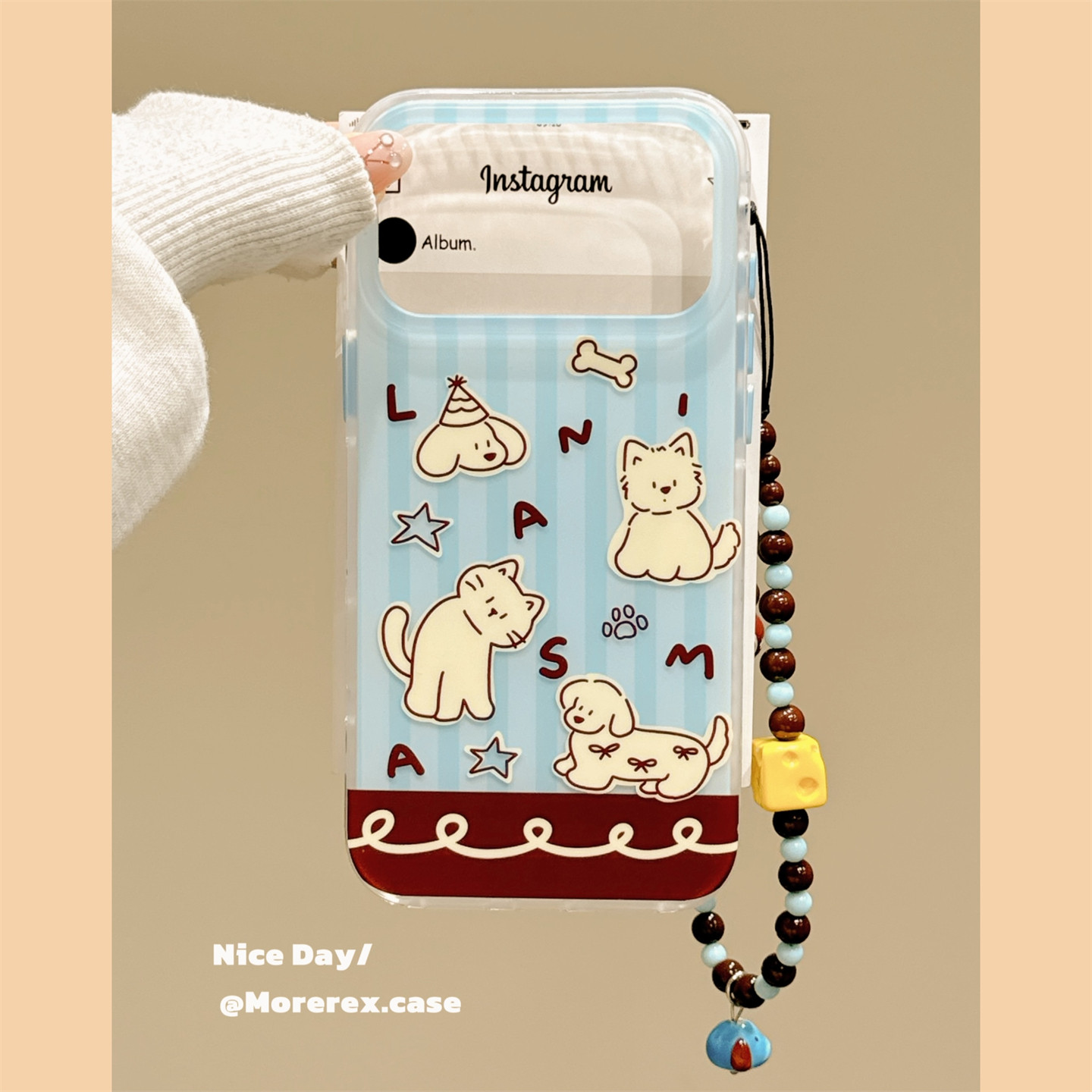 MoreRex 俏皮卡通条纹猫咪小狗涂鸦适用苹果18手机壳带链条iphone17promax新款18pro全包15防摔保护套14女16