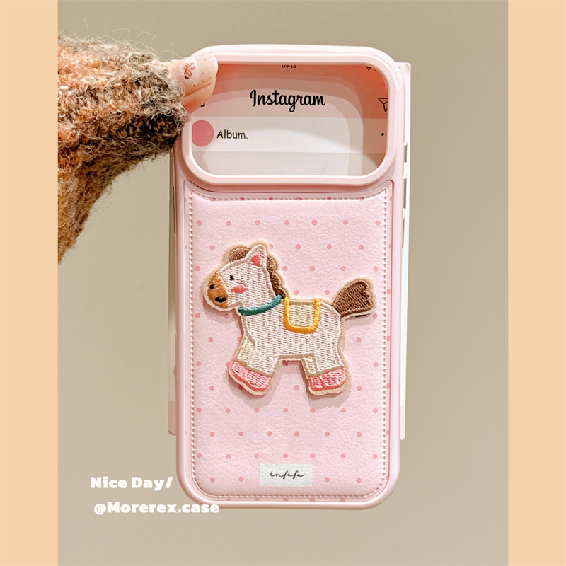 MoreRex 简约波点可爱卡通小马刺绣适用苹果17手机壳iphone16promax新款15pro皮质14防摔保护套13全包17女款