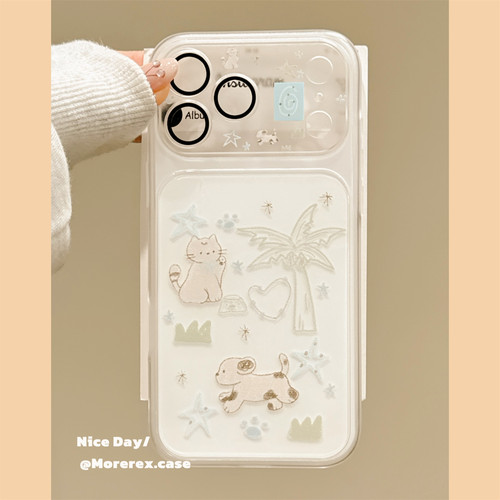 MoreRex 夏日清新椰树涂鸦猫咪小狗适用苹果17手机壳二合一iphone16promax新款17pro创意14防摔保护套13女15