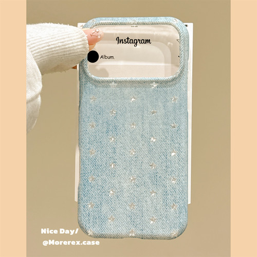 jze 时髦牛仔蓝简约五角星适用苹果18ProMax手机壳日韩风iphone17pro新款16气质15pro不撞壳14全包防摔手机套