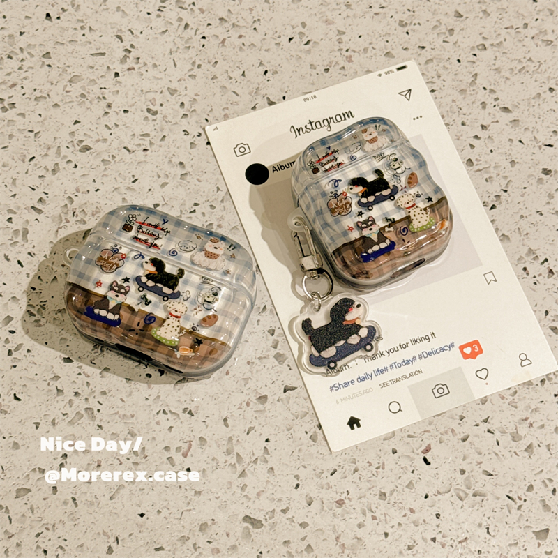 MoreRex 趣味可爱格纹小狗涂鸦适用苹果AirPods4保护壳airpods1/2/3蓝牙无线耳机套airpodspro二三四代新款女