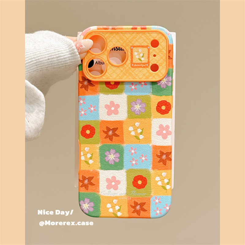 MoreRex ins风彩色格纹小清新花朵适用苹果17手机壳iphone16promax新款17pro仿皮14防摔保护套13大视窗15女款