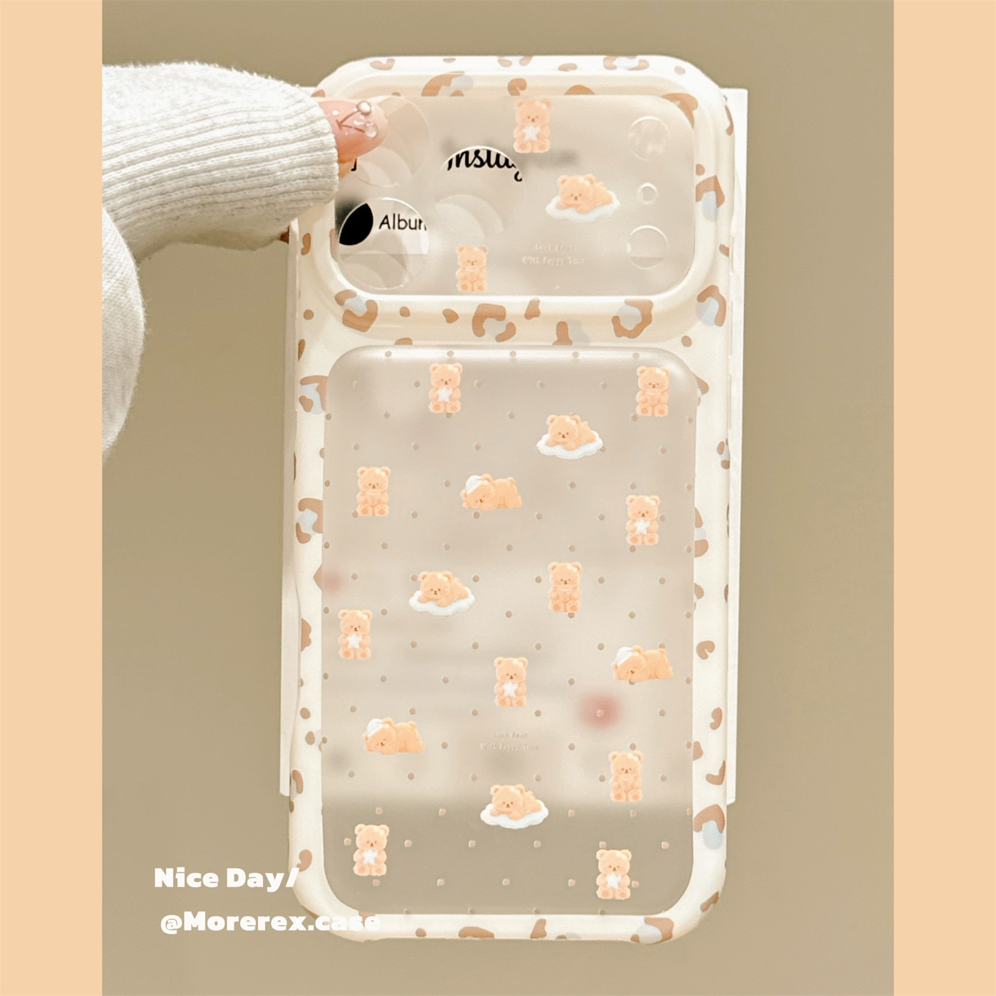 MoreRex ins可爱半透豹纹波点小棕熊适用苹果18手机壳磨砂iphone17promax新款18pro全包15防摔保护套14女款16