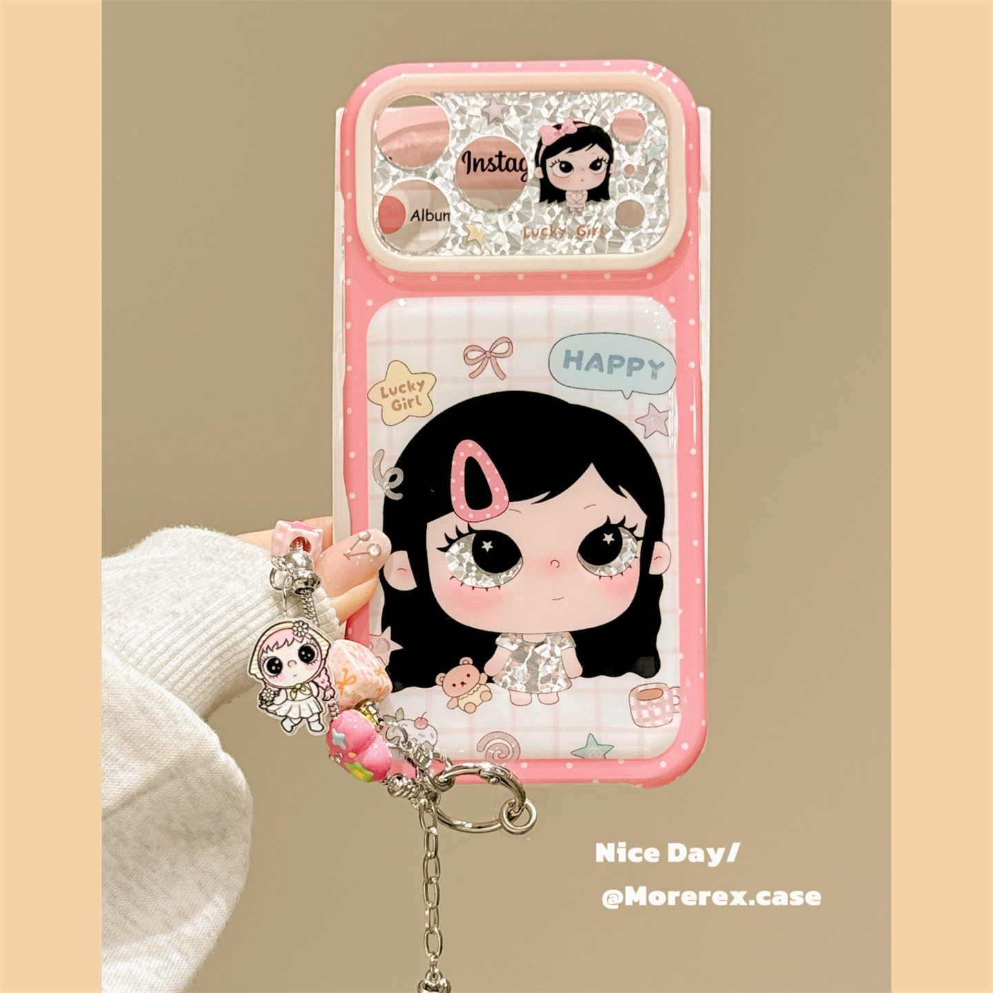 MoreRex 日韩ins少女粉格纹发夹小女孩适用苹果18手机壳iphone17promax新款18pro全包15防摔保护套14超好看16