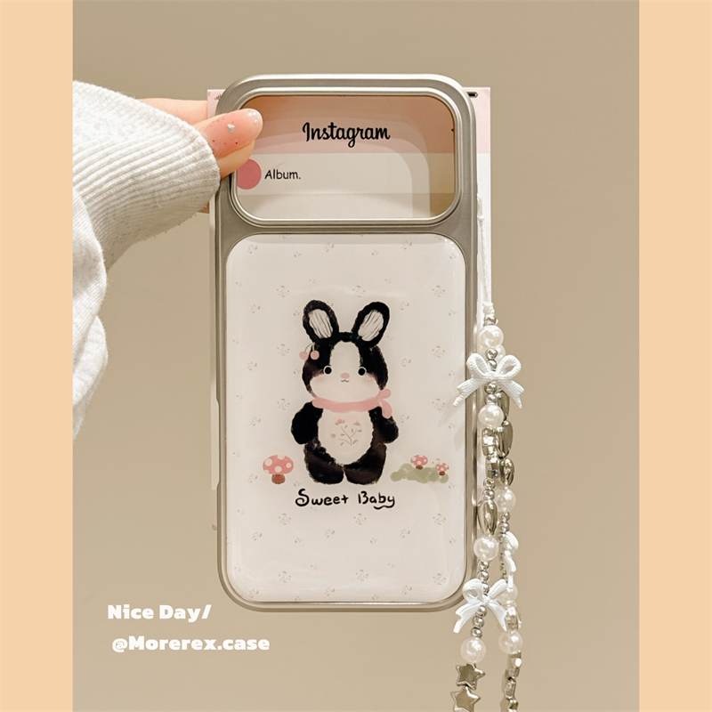MoreRex ins蝴蝶结甜心黑兔珍珠链条适用苹果17手机壳iphone16promax新款15可爱14防摔保护套13电镀17pro女款