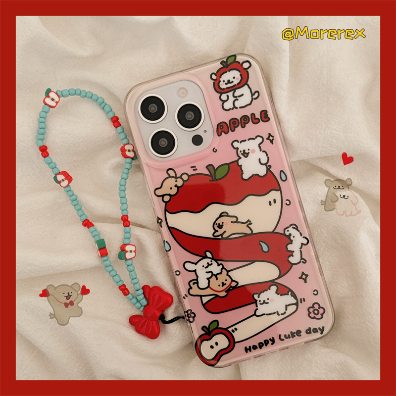 可爱红苹果线条小狗带链条适用苹果16手机壳iPhone16promax新款15Pro全包硅胶15小众14防摔套14Pro苹果13女12