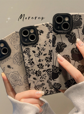 ins风黑色冷淡风花朵适用苹果14手机壳高级感iphone15promax创意新款12女16防摔14pro小众11硅胶13全包保护套