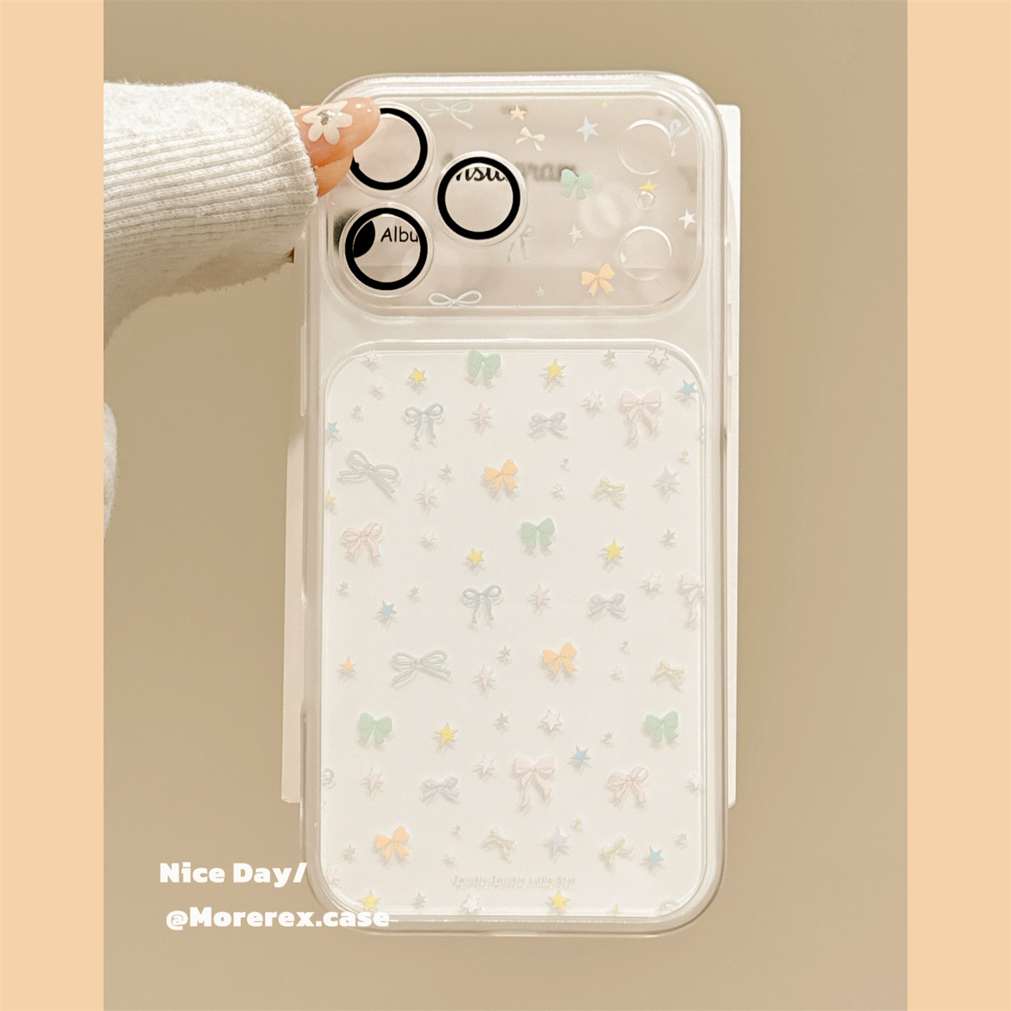 MoreRex ins韩系白底蝴蝶结星星带镜头膜适用苹果18手机壳iphone17promax新款18pro二合一15防摔保护套14女16