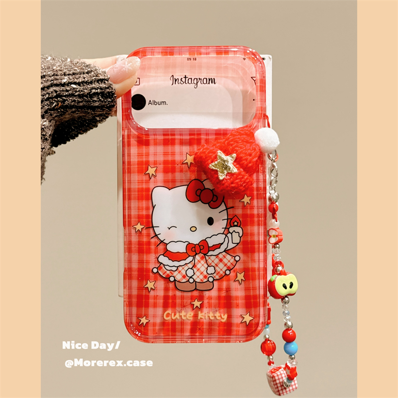 MoreRex新年红格纹立体圣诞帽KT猫适用苹果17手机壳iphone16promax新款15pro带链条14防摔保护套13双层17女款