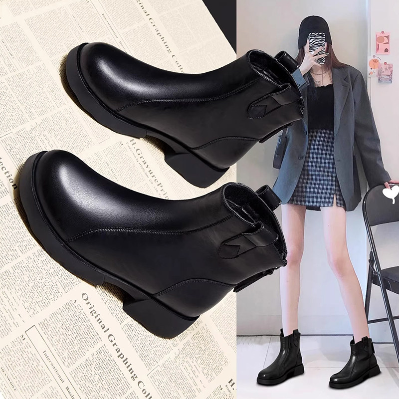 英伦风软底软皮短筒马丁靴女款2025秋冬新款后拉链加绒保暖瘦瘦靴