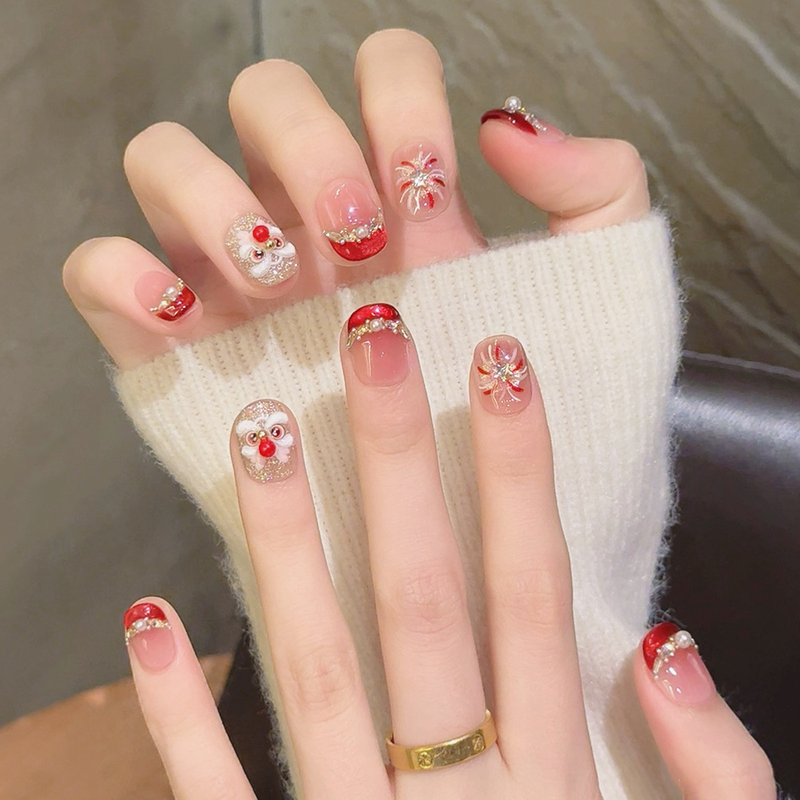 醒狮猫眼红色法式穿戴甲2026新年短款手工美甲轻奢高级感豆豆甲片,彩妆/香水/美妆工具,穿戴甲/甲片,淘宝优惠券,粉丝福利购,淘宝优惠卷