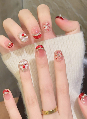 醒狮猫眼红色法式穿戴甲2026新年短款手工美甲轻奢高级感豆豆甲片