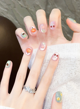 夏日多巴胺猫眼手工穿戴甲短款水果派对可爱美甲2025新款指甲贴片