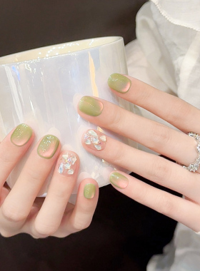 夏天显白绿色猫眼穿戴甲短款手工美甲2025新款高级感豆豆指甲贴片