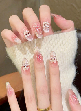 腮红晕染醒狮穿戴甲纯手工中长款2026新年法式猫眼美甲贴片假指甲