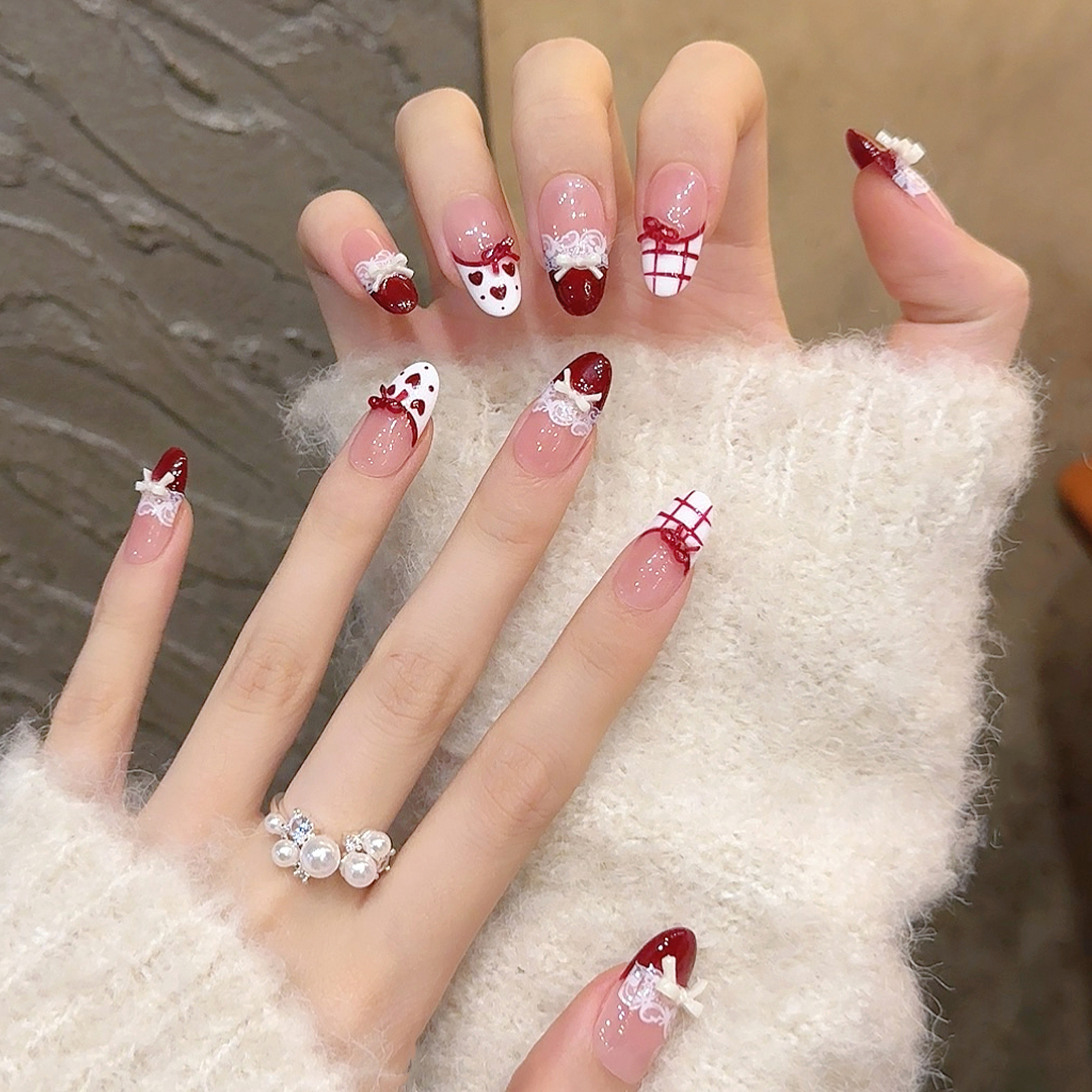 新年红色法式穿戴甲中长款手工