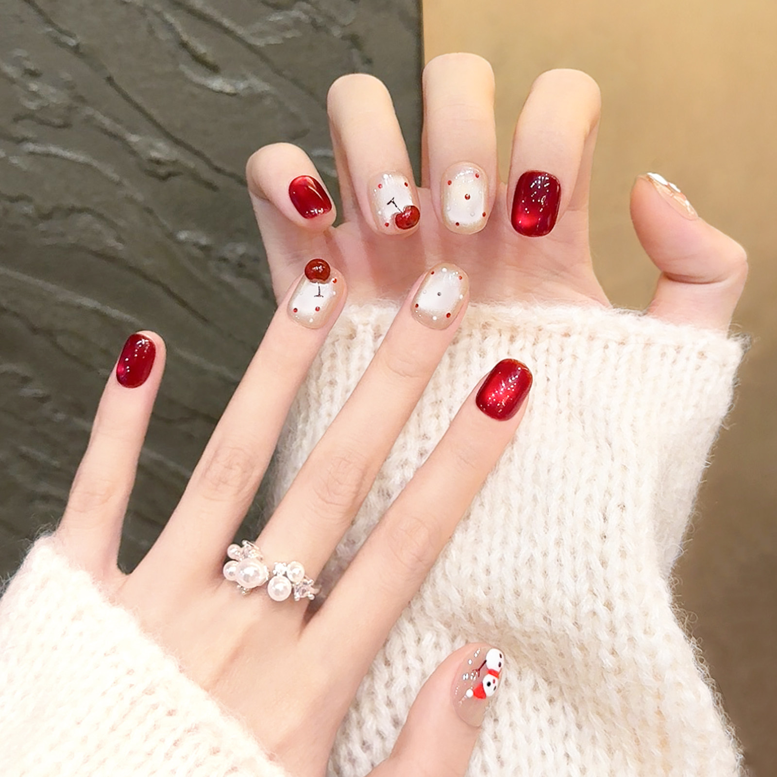 圣诞节手工穿戴甲裸色短款红宝石猫眼波点美甲贴片假指甲2026新款,彩妆/香水/美妆工具,穿戴甲/甲片,淘宝优惠券,粉丝福利购,淘宝优惠卷