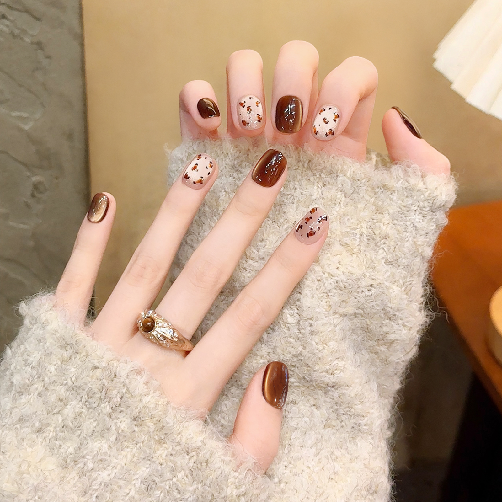 秋冬豹纹焦糖猫眼手工穿戴甲短款