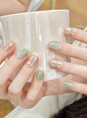 青提猫眼手工穿戴甲2026新年款夏季显白绿色美甲成品指甲贴片短款