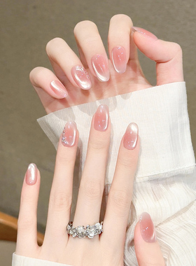 冰透腮红猫眼手工穿戴甲2025新款高级感闪钻美甲成品短款指甲贴片