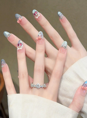 蓝色猫眼法式纯手工穿戴甲长款立体樱桃蝴蝶结豹纹美甲贴片假指甲