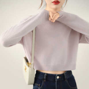 女短款 时尚 打底衫 100%山羊绒圆领短款 高腰针织上衣外穿内搭 新款