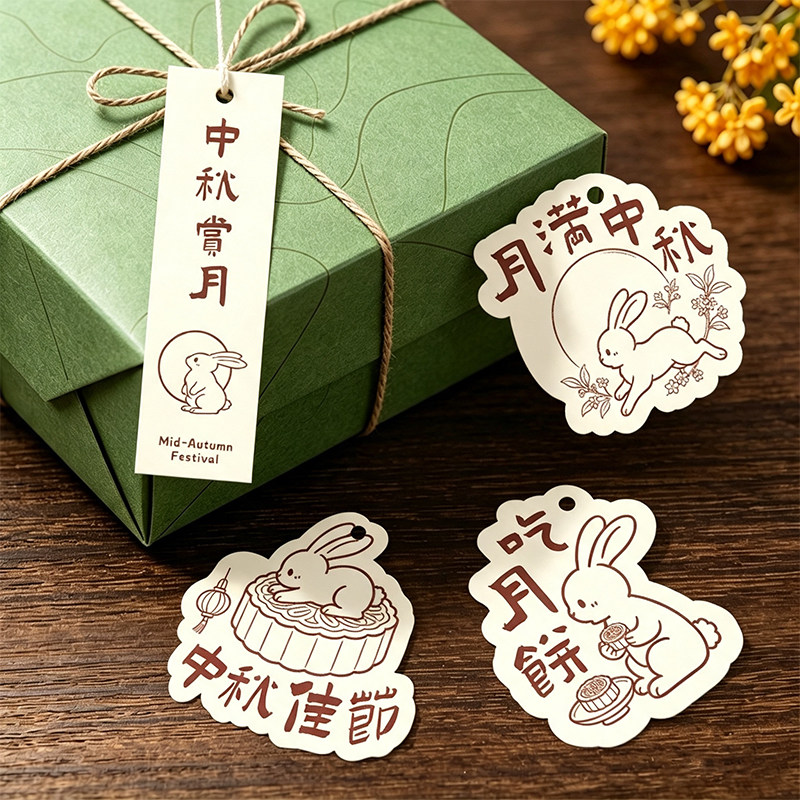 中秋节吊牌装饰烘焙店手工蛋黄酥月饼包装盒可爱小兔子元素挂牌印logo商标公司送伴手礼水果礼盒吊卡卡片定制图片