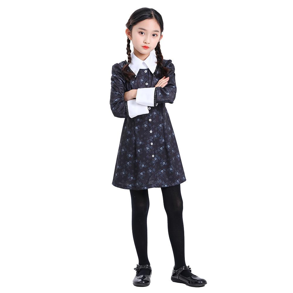儿童亚当斯一家星期三碎花裙子电视人物角色扮演万圣节演出服装