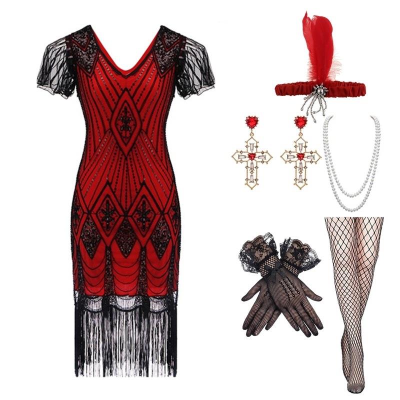 亚马逊欧美大码复古1920S亮片礼服手工订珠流苏连衣裙盖茨比套装