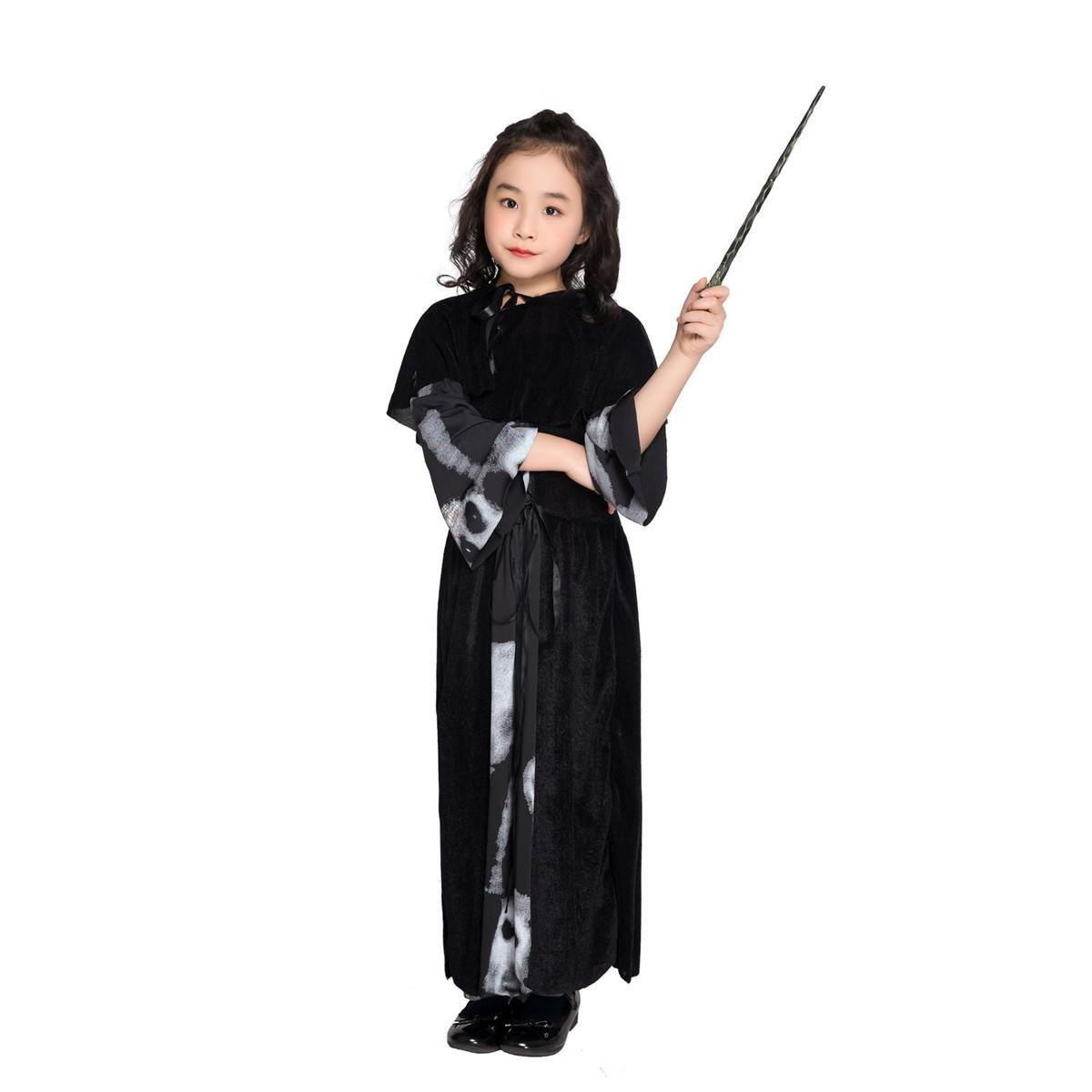 新款万圣节亲子服装 cos吸血鬼邪恶女巫服 成人骷髅印花带帽长裙