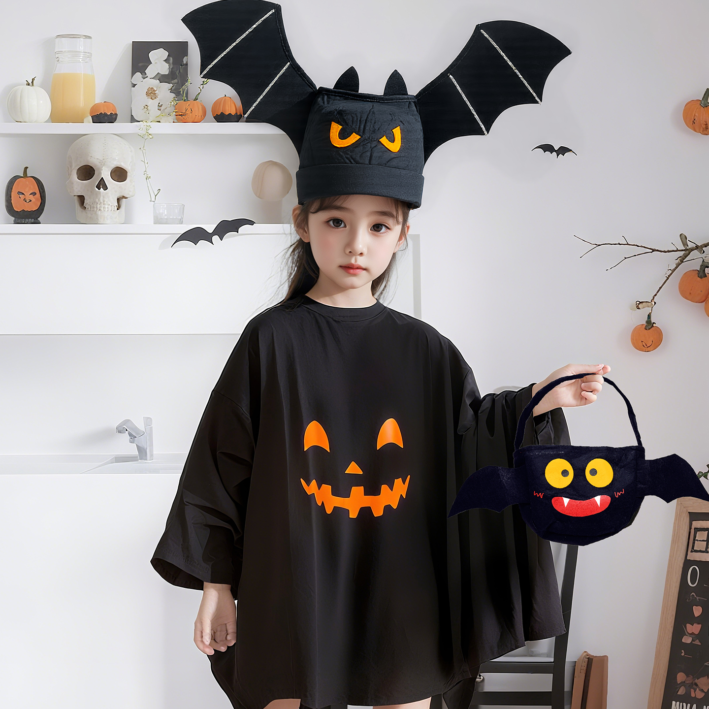 万圣节男女童幽灵蝙蝠衫南瓜服