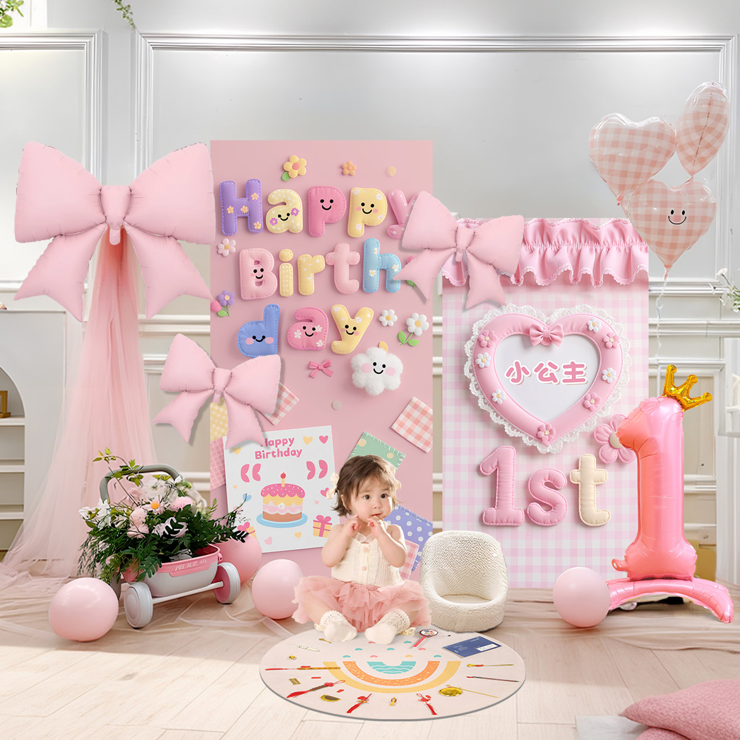 1周岁生日布置场景装饰男女孩派对ins风粉色气球蝴蝶结KT板背景墙,节庆用品/礼品,节日装扮用品,淘宝优惠券,粉丝福利购,淘宝优惠卷