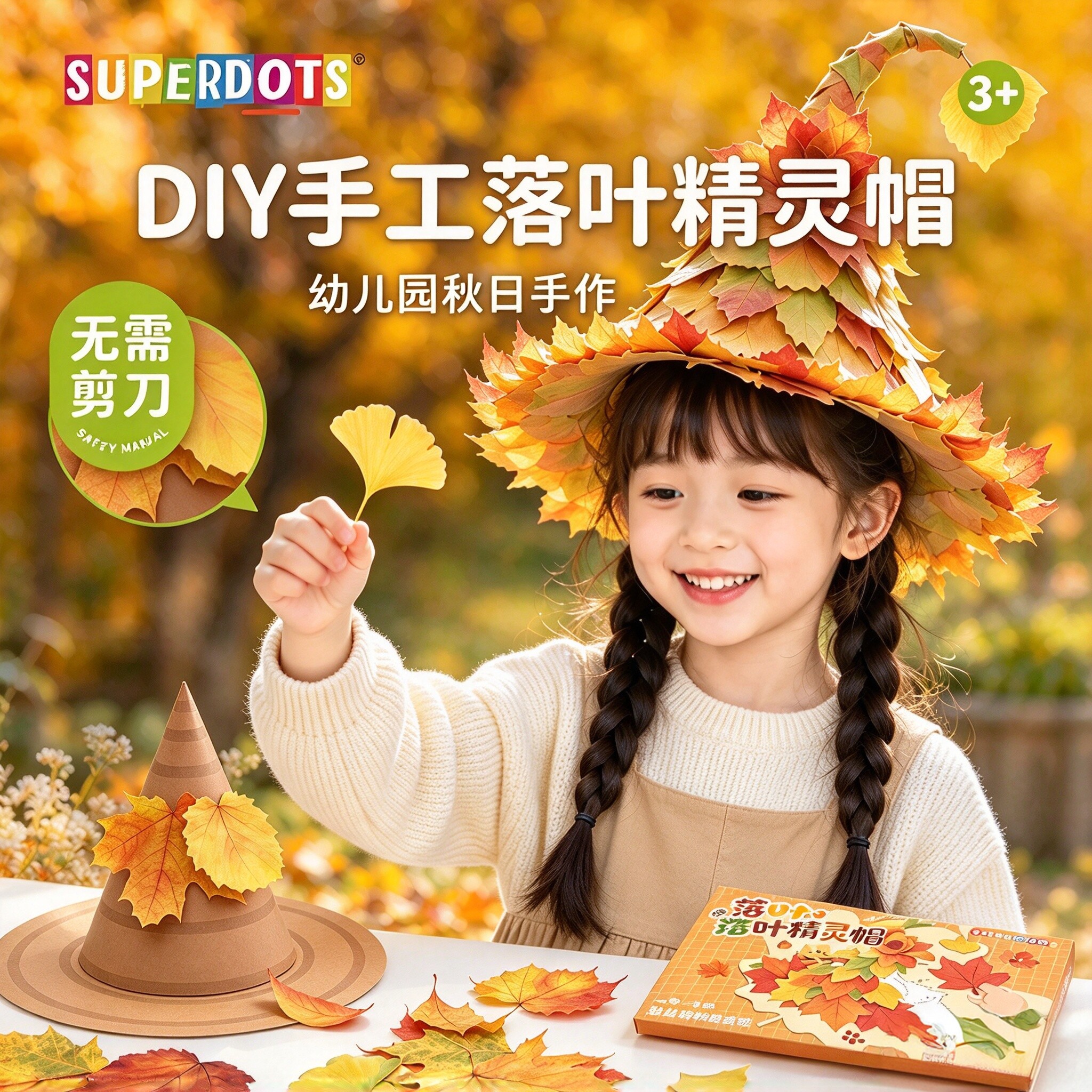 秋天创意落叶帽手工DIY粘贴材料包仿真纸质植物树叶帽幼儿园儿童小学寻秋拼贴纸魔法精灵帽玩具作品女孩
