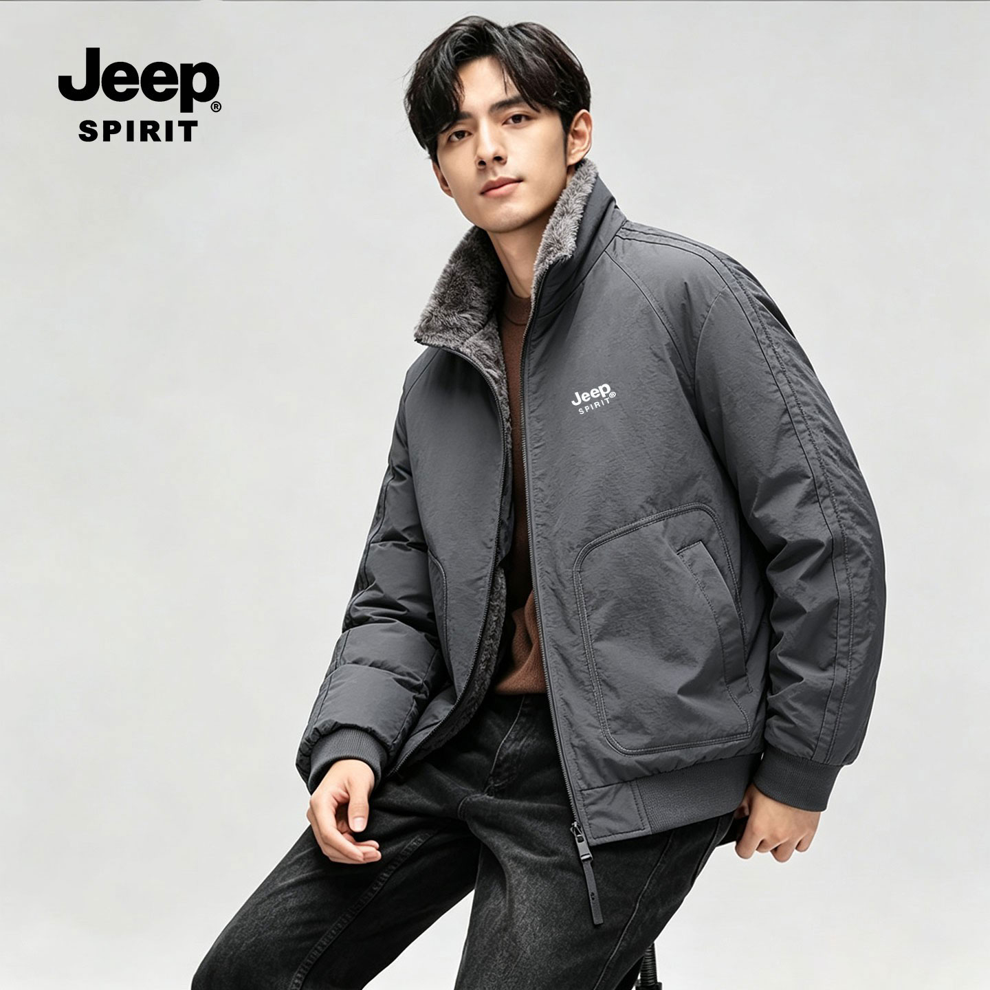 Jeep吉普男士AB面立领双面穿夹克秋冬季加绒加厚休闲防风保暖外套