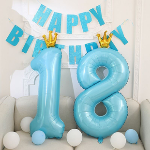 饰儿童宝宝周岁生日派对铝膜场景布置装 40寸数字气球蓝色皇冠装 饰