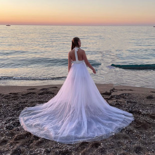 百搭女士白色薄纱半身裙婚纱礼服网纱长款 拖尾罩裙可拆卸旅拍服装