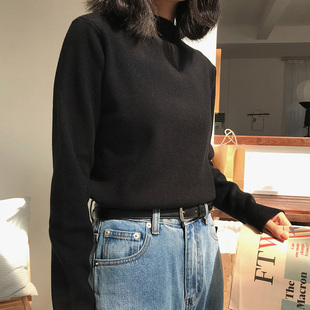 中半高领外穿女春秋冬季 宽松内搭打底针织衫 黑色毛线衣 福利