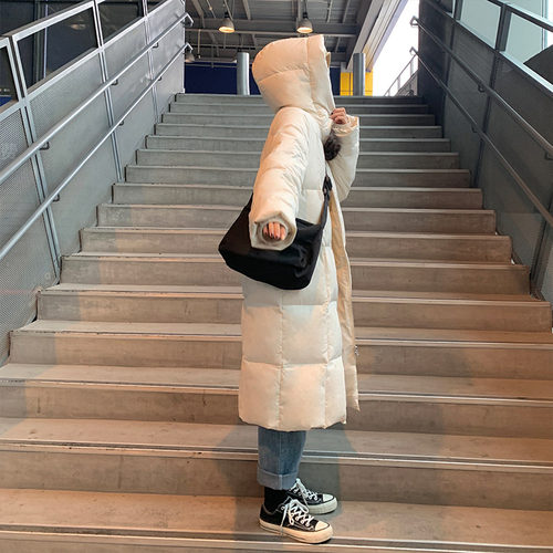 【清仓】连帽基础纯色百搭显瘦白色中长款过膝羽绒服白鸭绒女