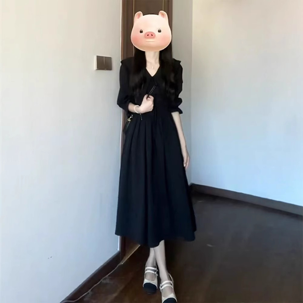 法国cherrykoko法式娃娃领黑色连衣裙子女夏季新款气质高级感