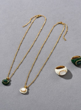 日系cherry kitty欧美高级铜镀18k孔雀石白贝母滴釉戒指小众简约